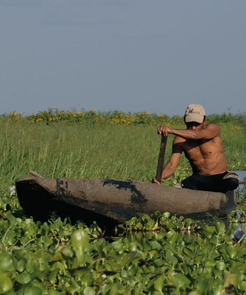 Pescador remando en la Ciénaga del Pijiño, Mompox, paisaje natural y cultural del Caribe colombiano.