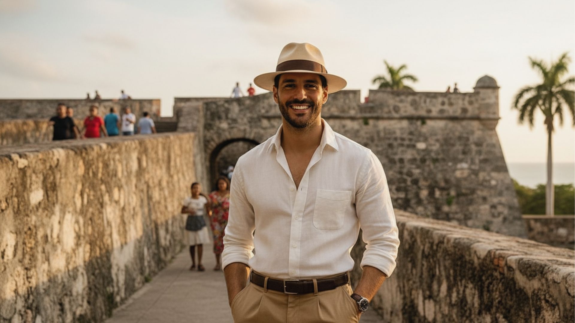 Joven elegante frente al Castillo San Felipe de Barajas en Cartagena, vestido con ropa ligera ideal para el clima del Caribe colombiano – Colombia en Tour
