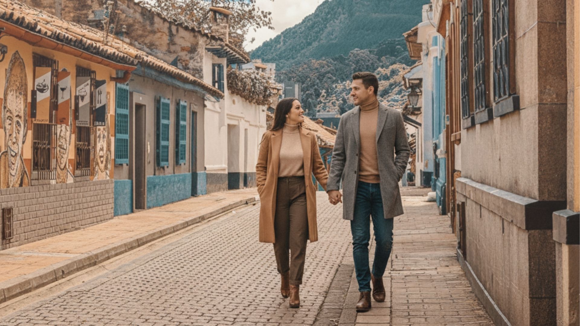 Pareja elegante caminando por el centro histórico de Bogotá, vestida para el clima andino, entre arquitectura republicana y encanto urbano – Colombia en Tour